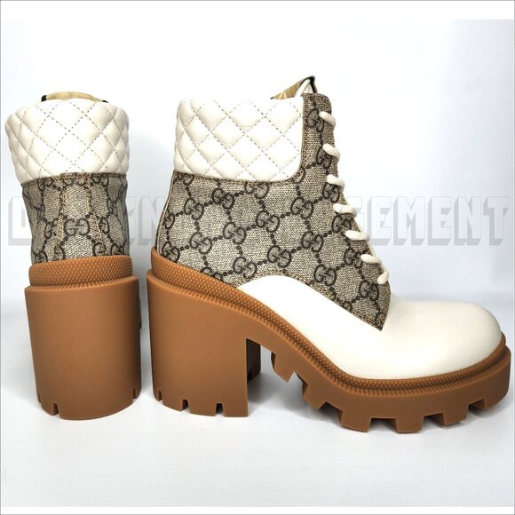 GUCCI 39.5 beige GG canvas quilted Leather TRIP logo platform Combat ankle Boots - Picture 7 of 11